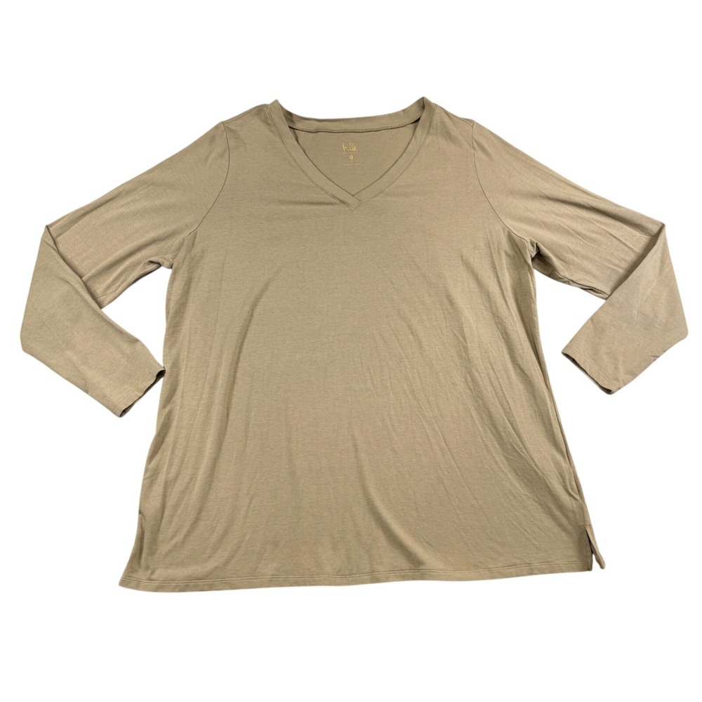 Belle by Kim Gravel Womens 1X Tan V-Neck Egyptian Cotton Modal Top Long Sleeve